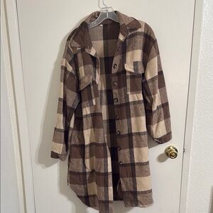 Brown and Cream Utility Jacket with Plaid Pattern